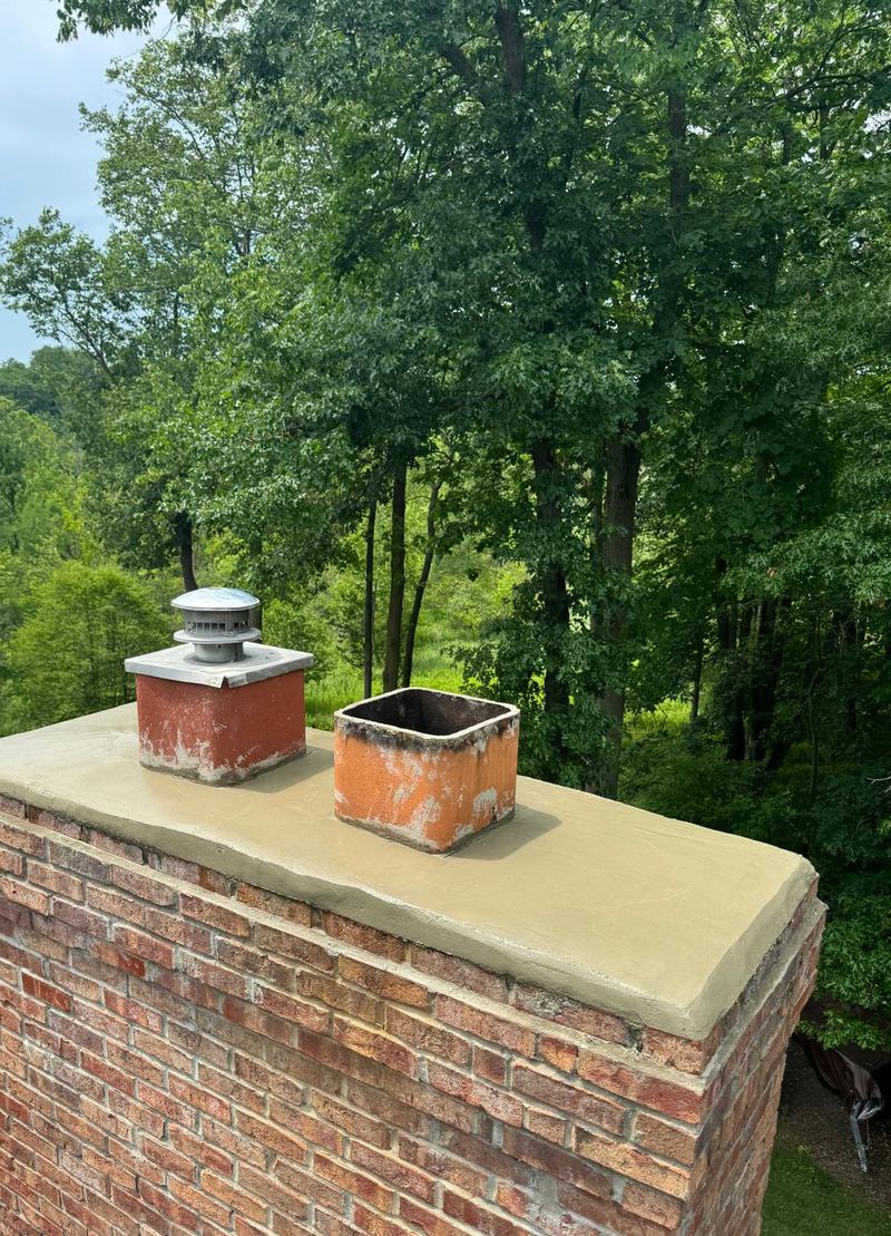 Red brick chimney with a freshly poured crown and two clay flue tiles